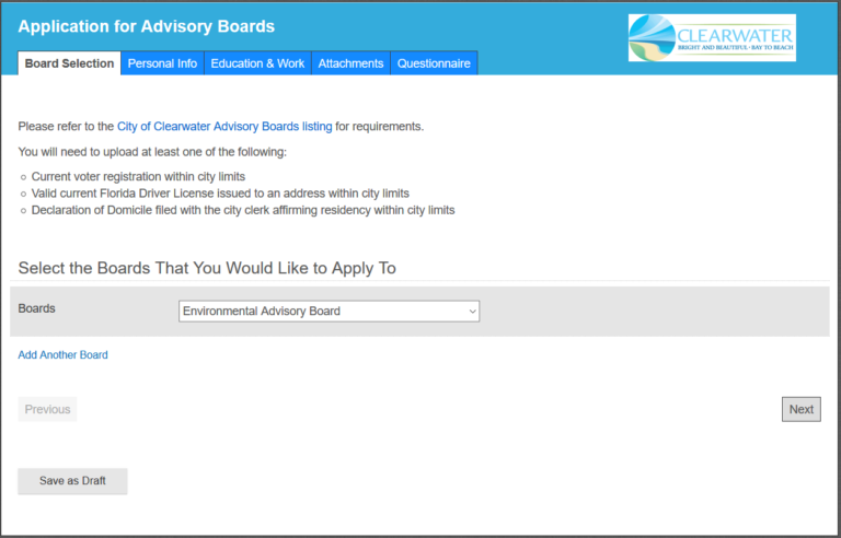 Clearwater, FL application for advisory boards screenshot