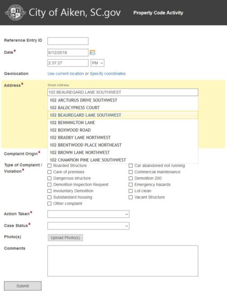 Aiken, South Carolina Property Code Activity Example