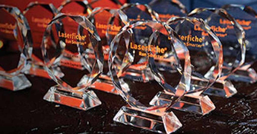 Laserfiche awards on a table