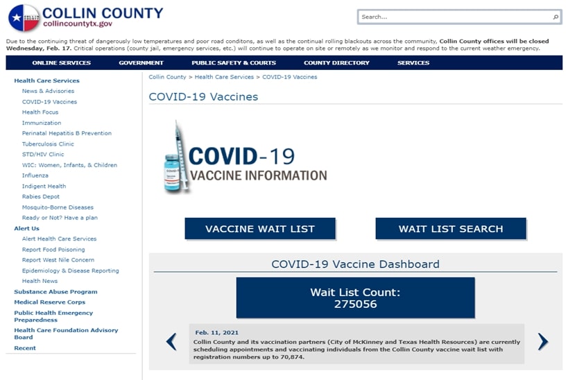 Collin County, TX, COVID-19 Vaccine Waitlist