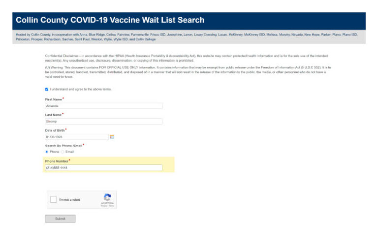 Collin County COVID-19 Vaccine Waitlist Initial Search screenshot