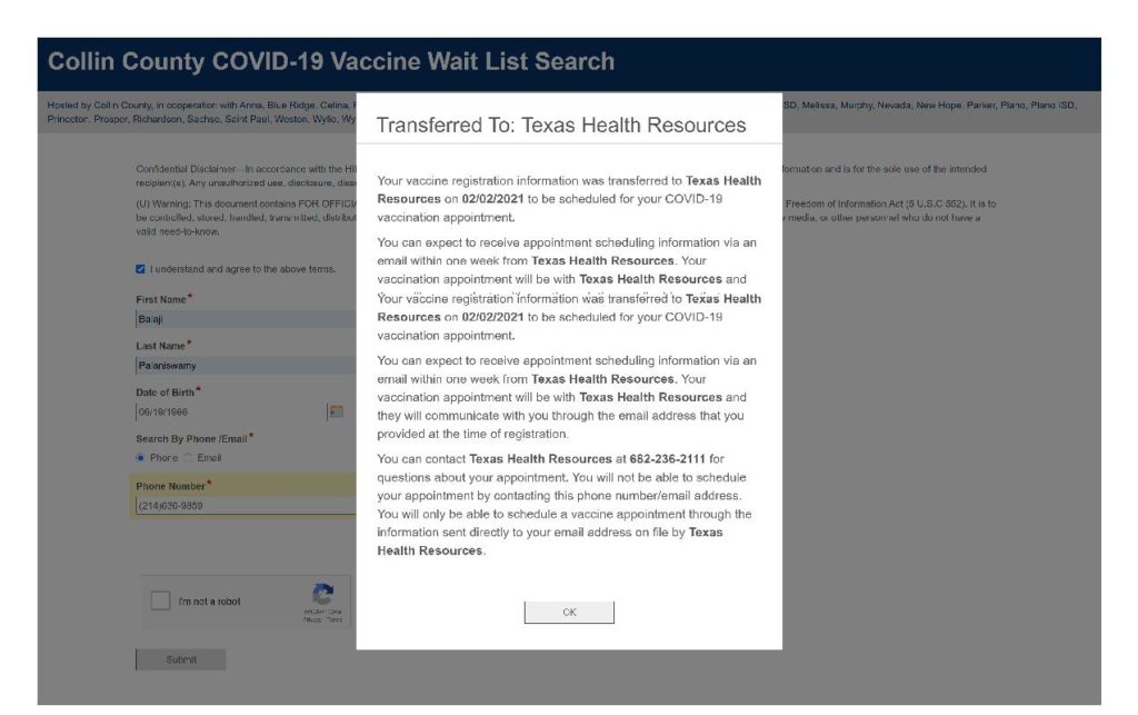 Collin County, TX, COVID-19 Waitlist Search Results Status View