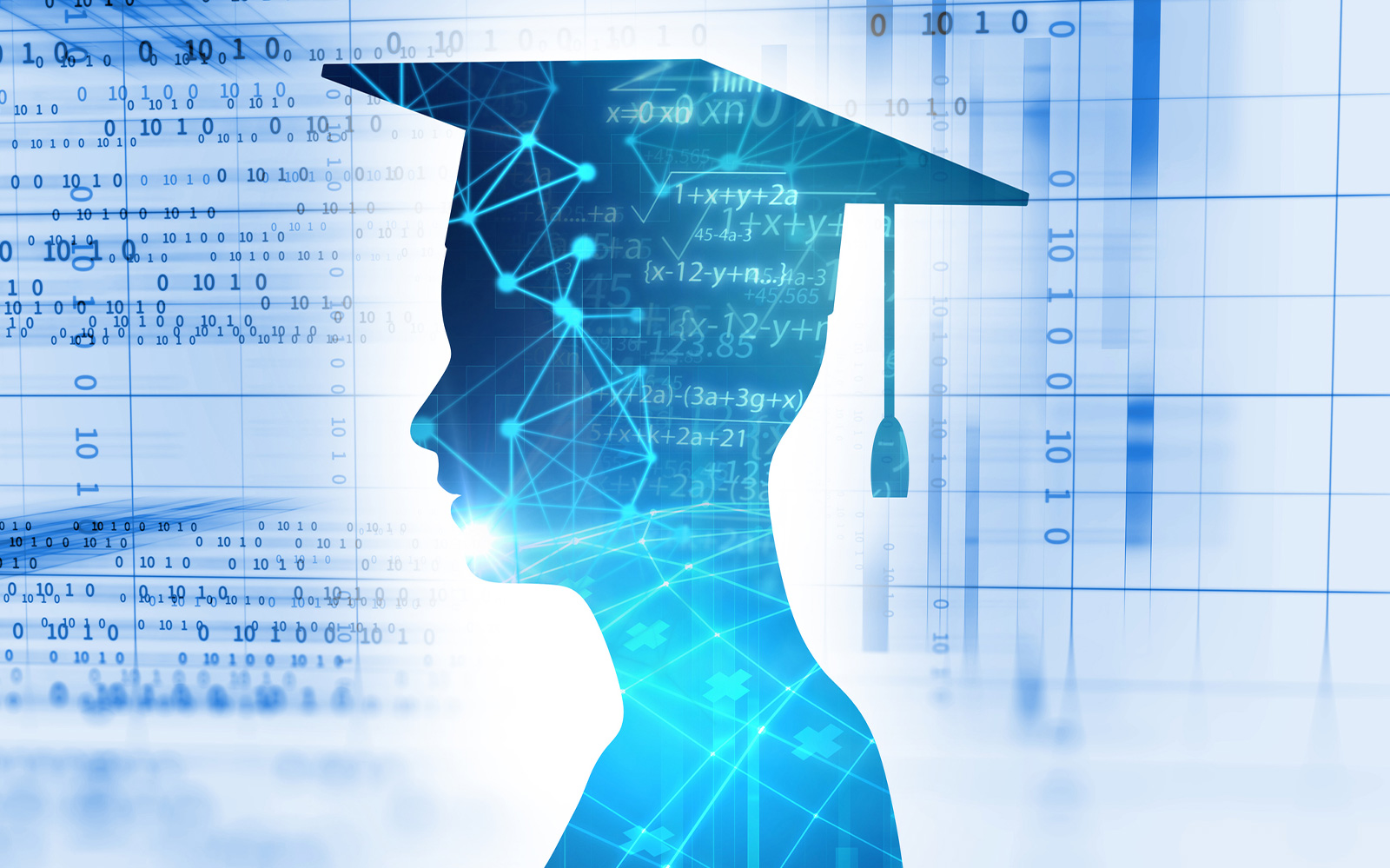 silhouette of graduate with cap on surrounded my technology symbols