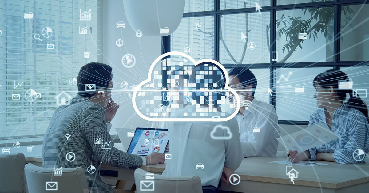 digital cloud overlay with people at a table in the background