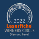 Laserfiche's 2022 Winners Circle Diamond Level badge with blue background