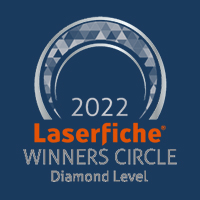 Laserfiche's 2022 Winners Circle Diamond Level badge with blue background