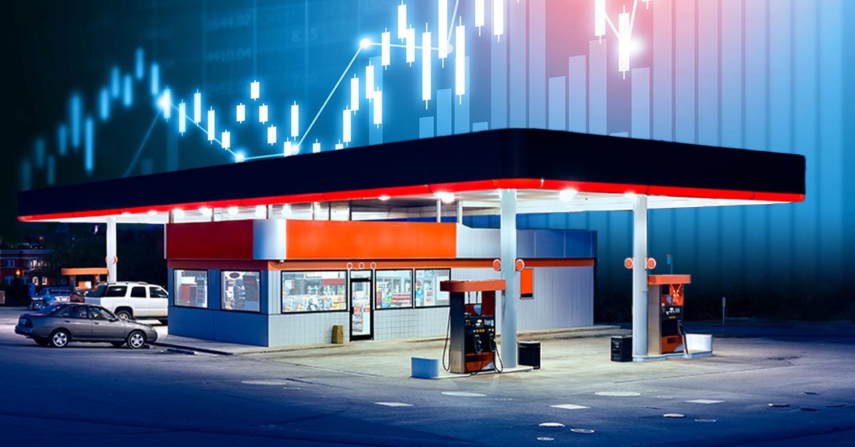 Convenience store with abstract bar graph background