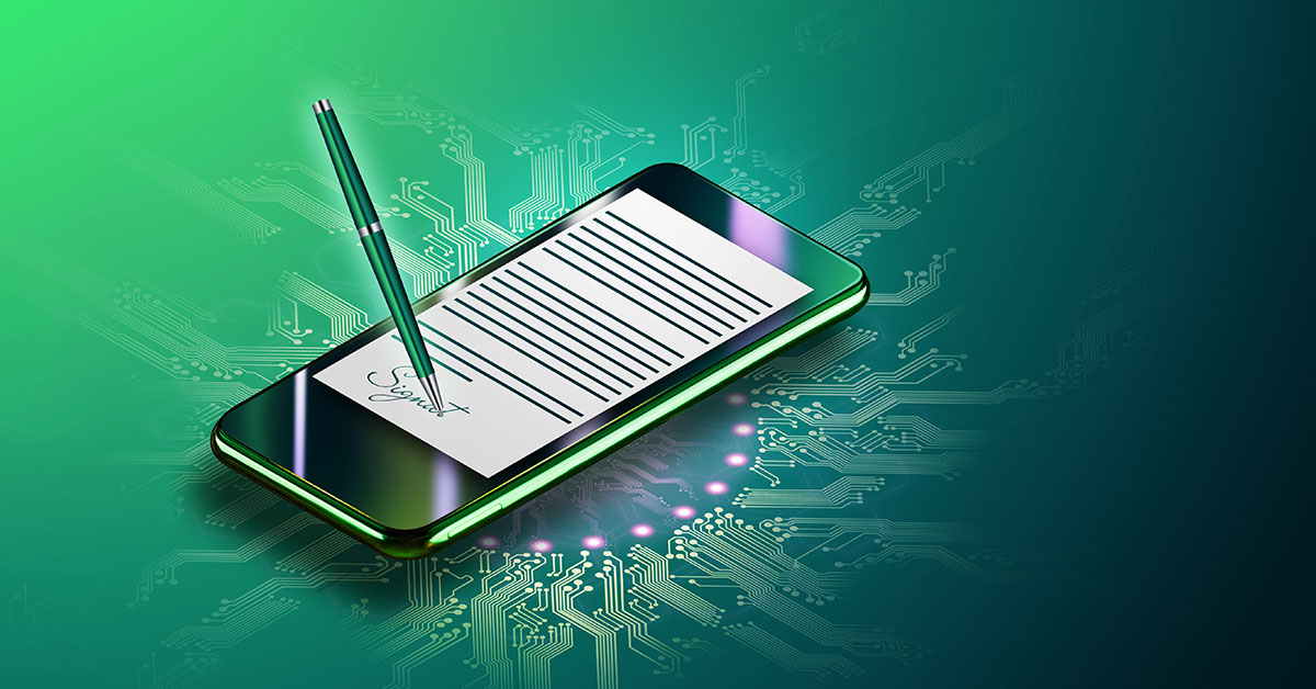 Modern smartphone and a hologram of a contract with an electronic signature
