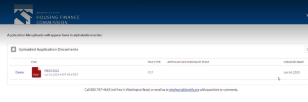Screenshot of the WSHFC's uploaded documents screen
