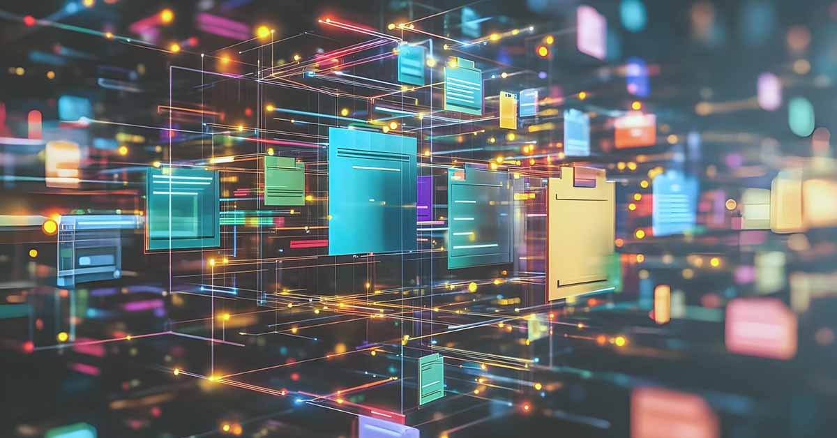 Stock image of document management system streamlined through digital folders and files, surrounded by glowing network connections.