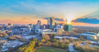 Downtown Raleigh, North Carolina, USA Drone Skyline Aerial stock photo