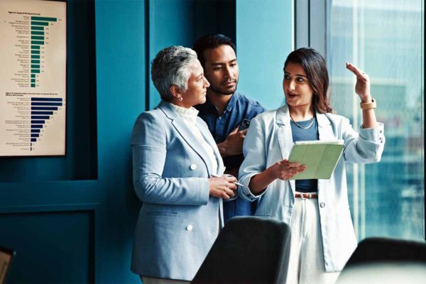 Collaboration, colleagues and group with tablet