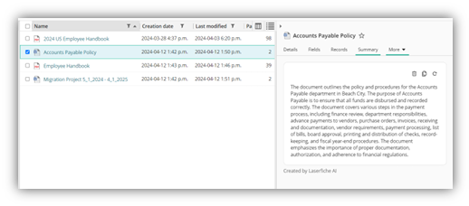 Laserfiche AI document summary screenshot