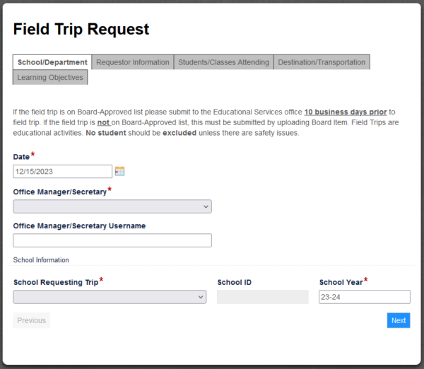 Laserfiche form for field trip requests