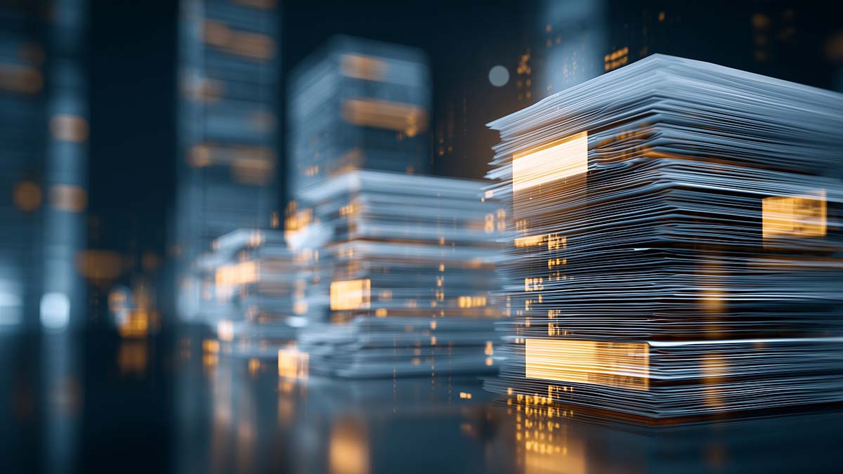 paper stack with digital overlay elements