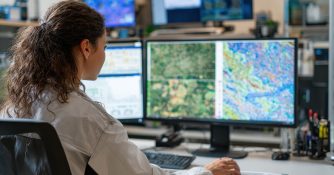 business professional looking at gis maps on computer